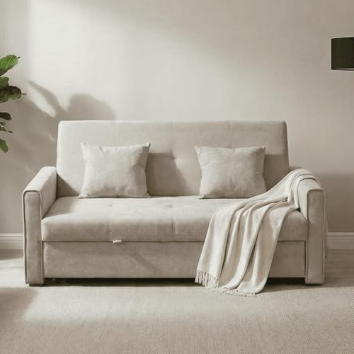 Home Source Charleston Convertible Sofabed, 2 Seater Pull Out Sofa Bed, Linen Fabric, Compact Living Room/Guest Bed – Beige Velvet