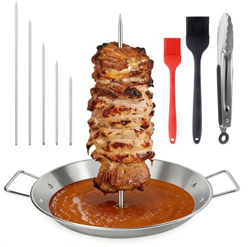 9 PCS Vertical Kebab Skewer Stand Set, 10 inch Stainless Steel Barbecue Gyro Spits Pan with 5 Grill Rack Spikes (6/8/10/12/14) 2 Brushes 1 Tongs, Vertical Barbecue Meat Skewer for Grill