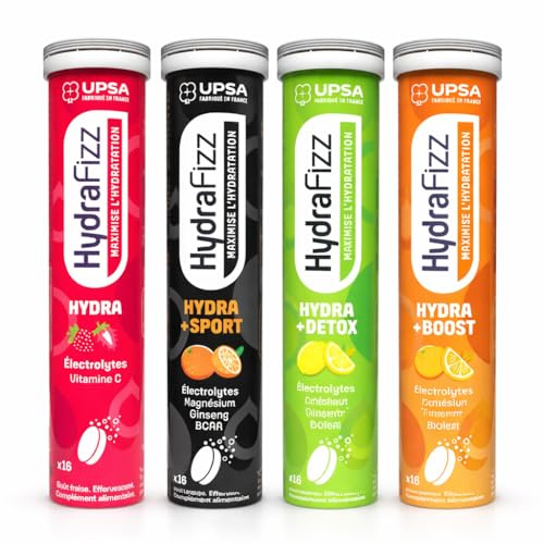UPSA - Hydrafizz Découverte x4 - Hydratation, Énergie, Sport et Détox - Électrolytes, Vitamine C, Caféine, Ginseng et Plantes - 4 Boîtes de 16 Comprimés Effervescents - Fabriqué en France