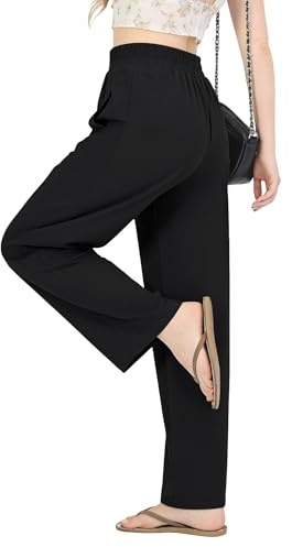 JEKAOYI Womens Casual Pants Breathable Stretchy Pull On High Waisted Straight Leg Trousers for Summer Black