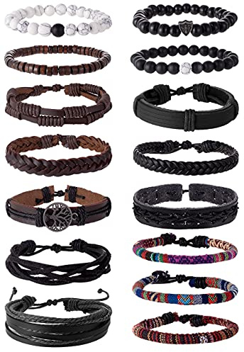 Tornito 15Pcs Braided Leather Bracelet String Wood Bead Woven Ethnic Boho Cuff Wrap Stretch Wristbands Bracelets Set for Men Women Size Adjustable