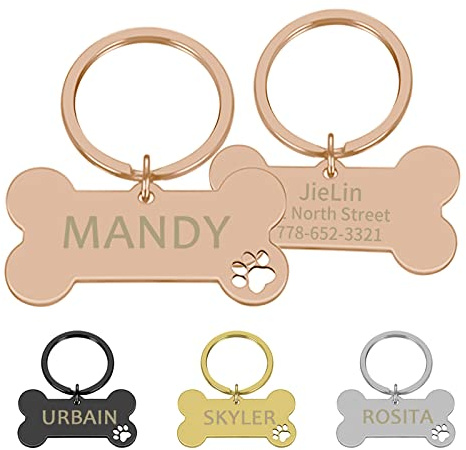 CAMAL Placas para Perros Grabadas Acero Inoxidable, Placas Identificativas Perros Personalizables para Collar Perro Gato Mascota, Chapa Perro Grabada, Forma de Hueso (Oro Rosa, Pequeña)