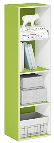 Furinno PASIR Book Shelf, 4-Tier Modern Bookshelf, Open Shelves Bookcase 9 x 12 x 42, for Living Room, Bedroom, Home Office, Green/White