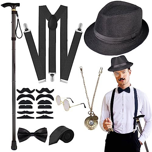 20er Jahre Kostüm Herren Accessoires, Faltbarer Krücken Metall, Fedora Hut, Gläser, Fliege, Hosenträger, Mafia Kostüm 1920S Gangster Halloween Party
