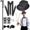 WILDPARTY 20er Jahre Kostüm Herren Accessoires, Faltbarer Krücken Metall, Fedora Hut, Gläser, Fliege, Hosenträger, Mafia Kostüm 1920S Gangster Halloween Party
