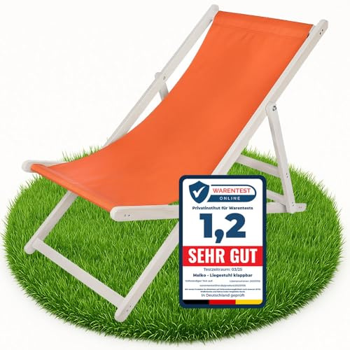 Melko Liegestuhl klappbar Strandstuhl aus Holz Weiß/Orange Holzliege Garten Faltliege Gartenliege