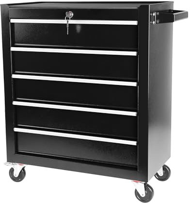 BouPower Schwarz 5 Schubladen, Rollkoffer, tragbarer Werkzeugkasten auf Rollen, Werkzeugkiste für Garage, Werkstatt, Heimhandwerk, abgebildet, Stahl