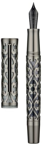 Hongdian D1 - Penna stilografica a stantuffo, pennino fine e morbido, scheletro cavo nero corvino e penna in resina, set con custodia in metallo