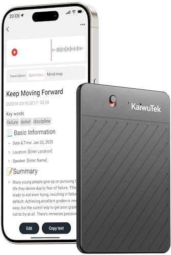Kaiwutek Ljudinspelare AI professionell bärbar röstinspelare med mobiltelefon transkription röstinspelare, svart