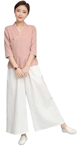 DAYKET Abbigliamento da Donna Tai Chi Uniforme in Cotone e Lino per Arti Marziali Maniche a Tre Quarti Tuta da Meditazione Zen per Esercizi Mattutini Uso Quotidiano,Pink-L