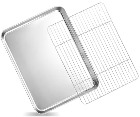 VINATO Teglia Forno Inox con Griglia Set 40,5×30,5×2,5 cm – Teglia Rettangolare per Pizza in Acciaio Inox 304, Leccarda Forno Universale