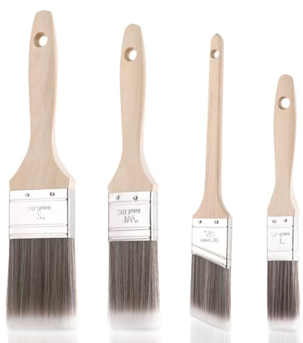 Zocipro 4Pcs Paint Brush Set, 3 Flat Brushes 25/38/50mm & 1 Angle Brush 38mm for Painting Walls and Ceilings, Wooden Handle Stain Brushes with Hanging Hole for Cabinet, Sash, Furniture
