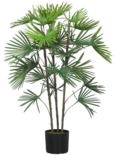 HOMCOM Plante artificielle intérieure 90 cm, palmier arbre artificiel avec pot en plastique et flocage, 24 feuilles décoratif en éventail, fausse plante vert décoration pour bureau, salon, chambre
