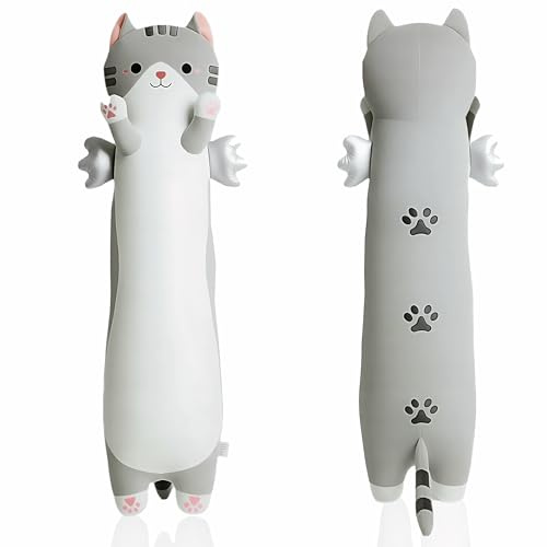 ZOMAXTOY Long Cat Plush Pillow with Wings Soft Kitty Stuffed Animal Toy Giant Cuddly Kitten Cushion for Kids Adults Bedroom Decor (Gray, 60cm/23.62in)