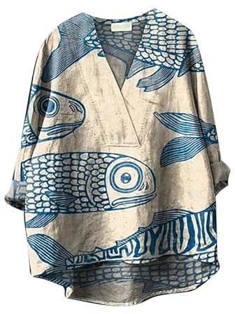 Namufeitrade Femmes Vintage Floral/Ocean Fish Print Manches Longues Col V Chemises Blouses Ethniques Décontracté Tuniques Amples Pull décontracté