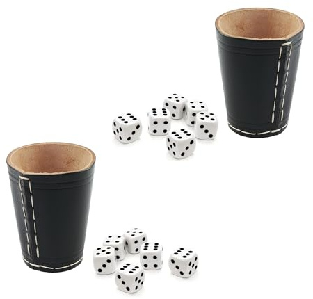 Juego de 2 vasos de dados con 6 dados, clásicos, hechos a mano, de piel, 9 cm, con 6 dados (negro, 2)