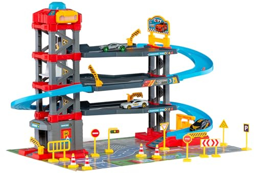 MOLTO - Pista de Carreras Infantil con Garaje de Varios Niveles y Rampas en Espiral, Parking de Juguete con 3 Coches de Colores para Niños y Niñas, Desarrollo de la Motricidad y Coordinación