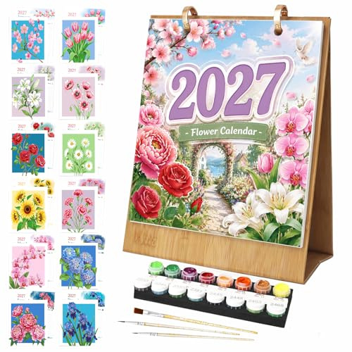 CustmArti DIY Paint by Numbers 2027 Desk Calendar, 12 Months Floral Art Paint by Number Kit, Creative Handmade Art Craft New Year Christmas Gift for Crafters-Flowers