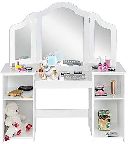 COSTWAY Toeletta per bambini in Legno, Design Smontabile 2 in 1, Mobile da Trucco Stile Principessa con 4 Mensole e Specchio, Mobile per Il Trucco per Bambini (Bianco)