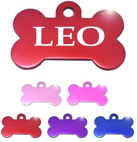 Ibera gifts - Medaglietta Cane Personalizzata XL per Cani Molto Grandi a Forma di Osso - Targhetta Cane con Incisione in Alluminio Lucido (Rosso)