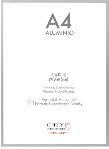 CHELY INTERMARKET | 49A3A | Marco de aluminio A4 (Plateado) MOD-214, estilo minimalista e intemporal, apto para enmarcar diplomas, titulo, fotos universitario y poster.(214-A4-0,85)