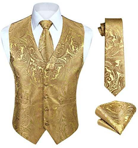 HISDERN Paisley gilet hommes jaune Jacquard cravate poche carre mouchoir fete de mariage affaires Fit gilet costume ensemble XXL