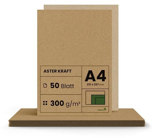 Netuno 50x Kraftpapier 300g DIN A4 210 x 297 mm Aster Kraft Kraftkarton zum basteln dickes Kraftpapier a4 Recycling Papier Bastelkarton Hochzeit Vintage brauner Karton Natur craft naturbraunes Papier
