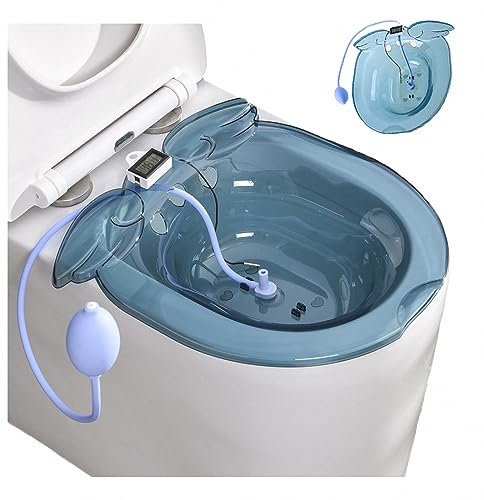 AXTMR Sittbad för toalett med termometer, hockfri sits-toalettsitshandfat med sköljning, bidé skål med överflöd, blå, 39 x 41 cm