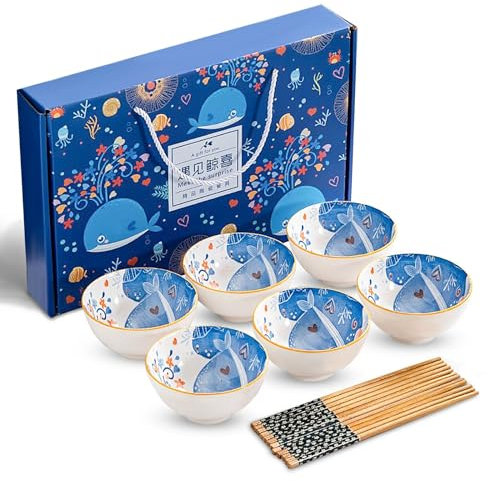 6pcs Porzellan Müslischalen,Blauer Wal Muster,Salatschale,Geschenk-Set,300 ml/10 oz,Suppenschalen,für Dessert,Obst,Ramen