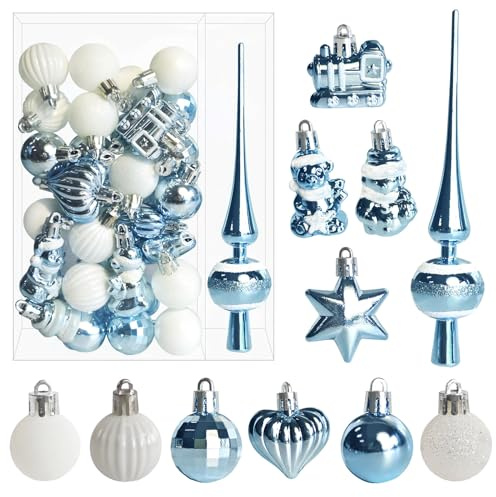 34 Stück Weihnachtskugeln mit Baumspitze Set,Ø3/4.5/5.5cm Kleine Christbaumkugeln Kunststoff Hellblau Weiß Kugeln Mini Weihnachten Weihnachtsdeko Tischdeko Tannenbaum Weihnachtsbaum Deko Ornamente