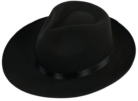 Schwarzer Fedora-Hut mit breiter Krempe und Satinband, Panamahut, Rancher-Hut für Damen und Herren, Schwarz , Einheitsgröße