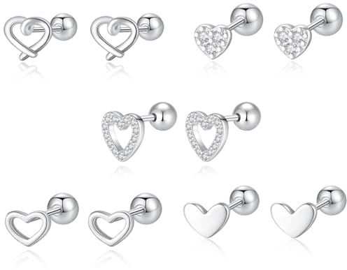 5 Pairs Tiny CZ Heart Stud Earrings for Women Screw Back Cartilage Studs Love Hearted Earring Tragus Pierced Ear Wedding Jewelry (5 Pairs Silver Heart)