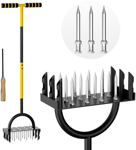 2-in-1 Rasenlüfter 110cm,Aerifizierer für Rasen Hohlspoon mit 18 Spikes,Rasen Handvertikutierer mit Stiel,Rasen Aerifizierer,Rasenspecht Aerifizierer und Rasenbelüfter für Höfe,Garten Rasen Belüftung