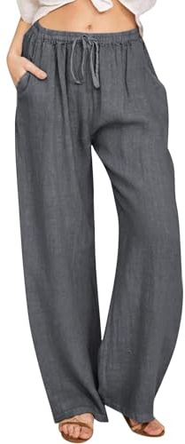 KUIH Womens Trousers Summer Casual Linen Trousers Drawstring Elastic Waist Long Pants Women Straight Wide Leg Lounge Pants High Waisted Palazzo Loose Fit Ladies Bottoms
