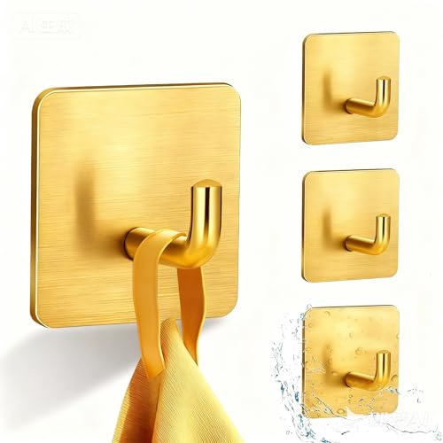 UNILECON Klebehaken Extra Stark für Badezimmer - 4 Stück 304 Edelstahl Selbstaht Klebe-Haken, ohne Bohren, für Küchen, Badezimmer und Toilettenkabinette(Gold)