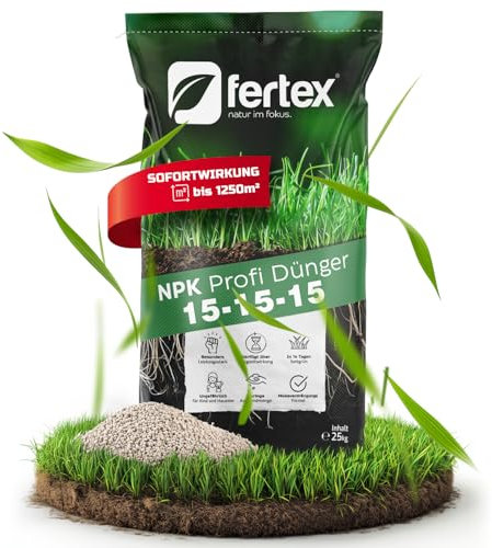 Fertex® Rasendünger 25 kg – NPK 15-15-15 für Frühjahr, Sommer & Herbst | Langzeitdünger gegen Moos | staubarm, mit Schwefel & für über 1000 m² | streuwagengeeignet