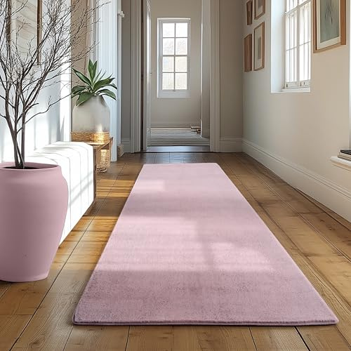 SIMPEX Läufer Teppich Rosa 80x250 cm Kurzflor Teppich Waschbar, weich & rutschfest, modernes einfarbiges Design für Schlafzimmer, Küche & Flur