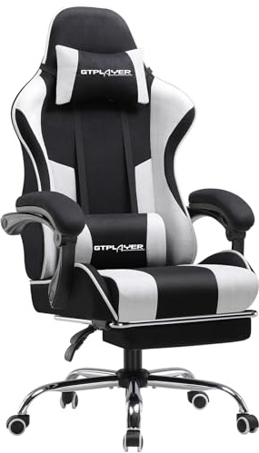 GTPLAYER Fabric Gaming Chair, Massage Ergonomic Computer Chair with Footrest, Lumbar Support, Headrest, Height Adjustable Home Office Reclining PC Racing Chairs, White