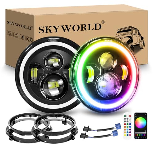 SKYWORLD 2 Pcs 7 Pollici Rotonda Fari Led con Anello Di Montaggio, 50W 5000LM Faro a LED Bianco RGB Off Road Lights Fire Cross Hi/Lo Fascio DRL Fari anteriori per Wrangler JK TJ LJ CJ Hummer