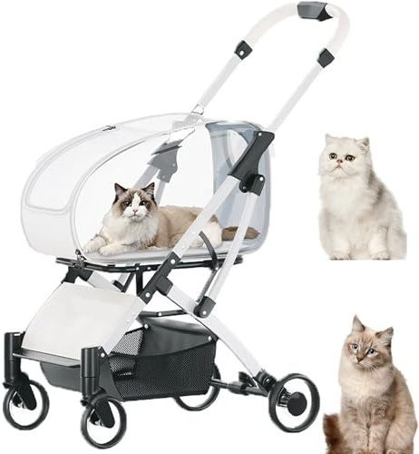 Väderbeständig kattvagn med avtagbar bärare – kraftig hopfällbar ram, andningsbart nätfönster, mugghållare och kompakt förvaring