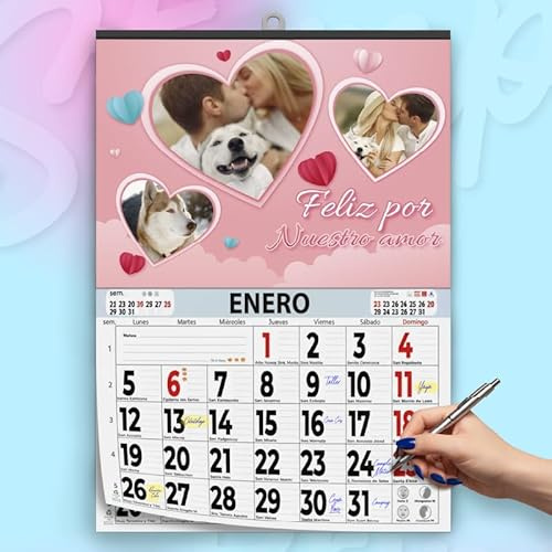 Calendario 2026 de Pared Personalizado con Fotos – Almanaque Grande 43,5x62 cm en Cartulina 350gr con Faldilla Mensual y Colgador – Planificador Familiar Ideal como Regalo Original Navidad (Modelo 7)