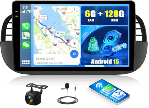 SIXWIN 8 Core 6+128G Android 15 Autoradio per FIAT 500 2007-2015 con CarPlay/Android Auto/DSP, 9'' HD Schermo Navigatore Stereo con WiFi GPS Bluetooth 5.0 HiFi USB FM RDS Radio Mirror Link 32 EQ(Nero)