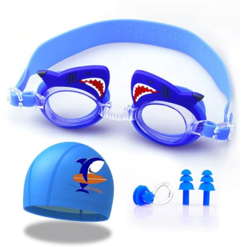 Kids Swimming Cap, Stretchable Swim Cap Adjustable Goggles Nose Clip & Earplugs, Swimming Sets for Children Teens