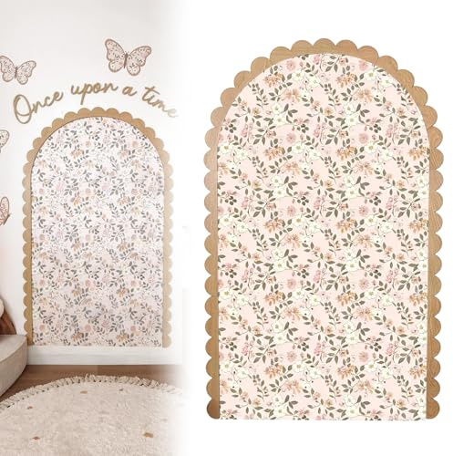 Boho dekoration tapet självhäftande, 80 x 150 cm väggtatuering blombåge med fläktformad träram, blommig halvcirkel geometrisk båge väggklistermärke, för sovrum vardagsrum soffa bakgrund (A)