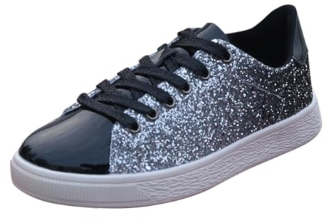 Dammode sneakers glänsande glitter paljetter snörning träningsskor lätta avslappnade promenadskor bekväma platta sneakers för fest fritid dagligen dagligen, Svart, 38 EU