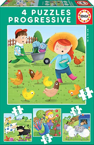 Educa - Kinderpuzzle Bauernhof | 4in1 Puzzleset 12/16/20/25 Teile | Tierpuzzle, Progressives Puzzle | ab 3 Jahren (17145)