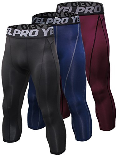 Yuerlian 3 Pack Mens 3/4 Leggings Men 3/4 Compression Pants Baselayer Athletic Workout Running Leggings