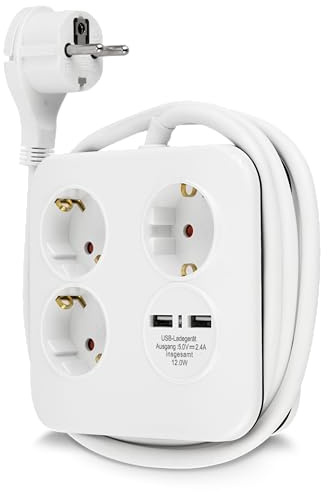 REV Steckdosenleiste PowerQuad - Mehrfachsteckdose 3-Fach mit 2 USB-Anschlüssen, max. 3680W, 140cm, weiß