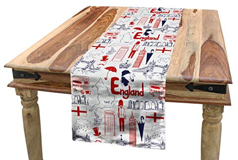 ABAKUHAUS London Tischläufer, Britische Kultur Sketch, Esszimmer Küche Rechteckiger Dekorativer Tischläufer, 40 x 180 cm, Zinnoberrot Dunkelblau