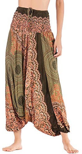 Nuofengkudu Damen Tiefer Schritt Hippie Haremshose Baggy Bunte Harem Jumpsuit Viskose Hose Leicht Dünn Luftig Wahrsagerin Kostüm Hosen Sommerhose Yogahose Haushose Dunkelgrün Ethnisch Einheitsgröße